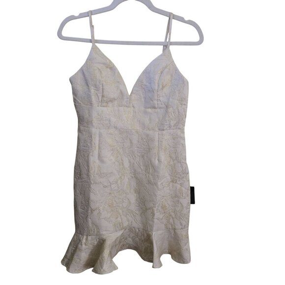 Lulus NWT Guilded Lily Cream Floral Jacquard Ruffled Trumpet Mini Dress Size M - Picture 2 of 13